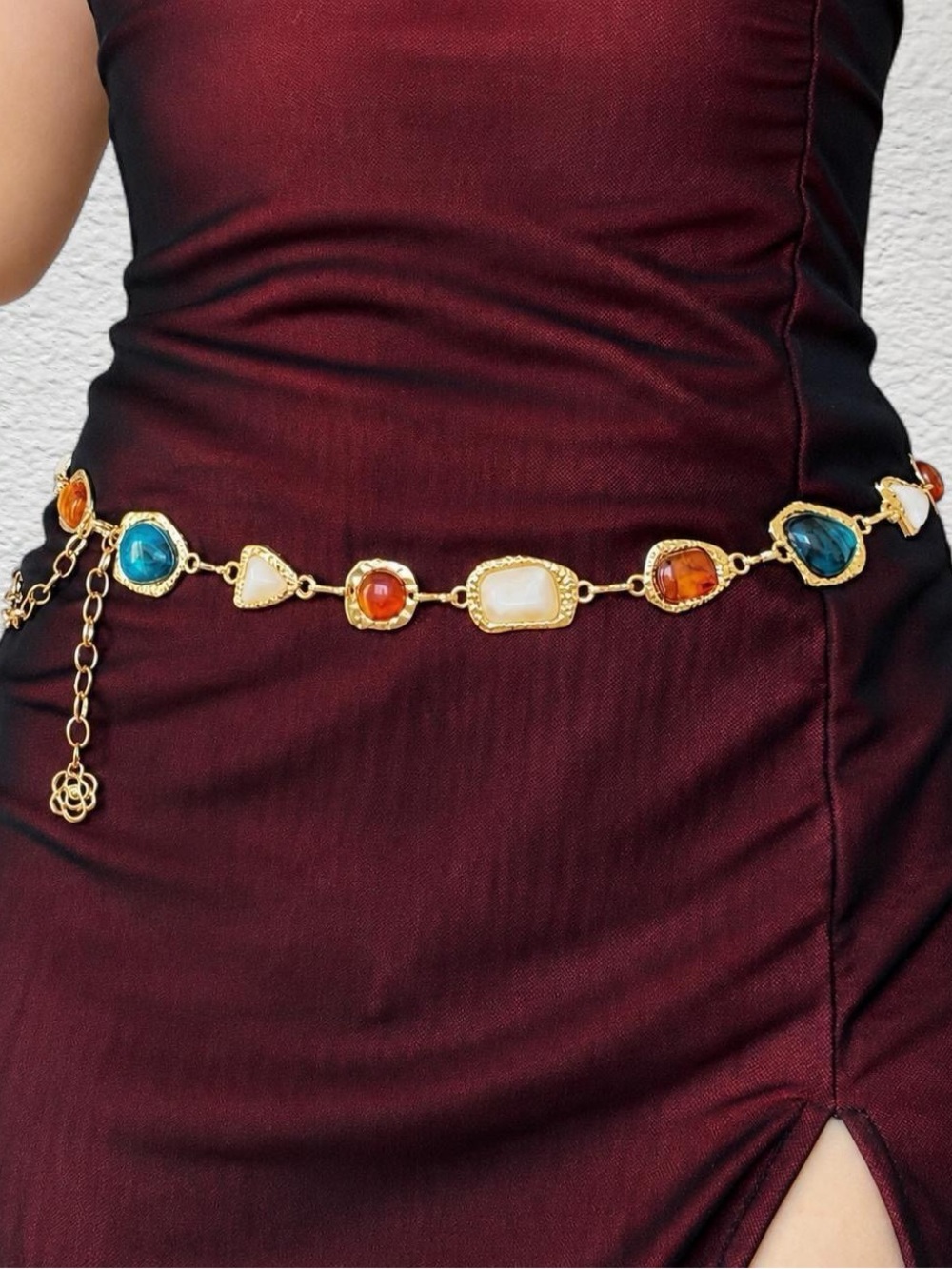 Gold Colorful Faux Gemstone Rhinestone Asymmetrical Western Bohemian Body Chain